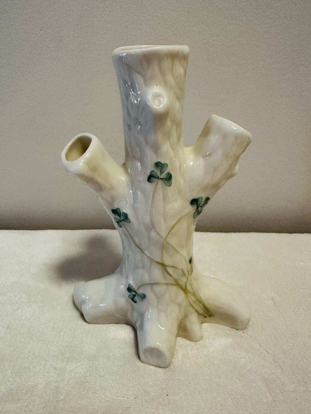 Vintage Irish Belleek Shamrock Tree Trunk Vase Candle Holder Porcelain Gift Idea